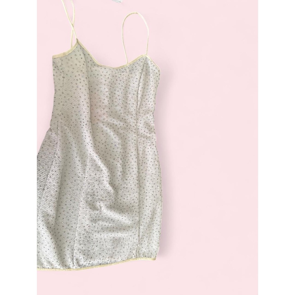 Vintage LA Glo White Sequin Mini Dress Spaghetti Strap Bodycon Party Iridescent
